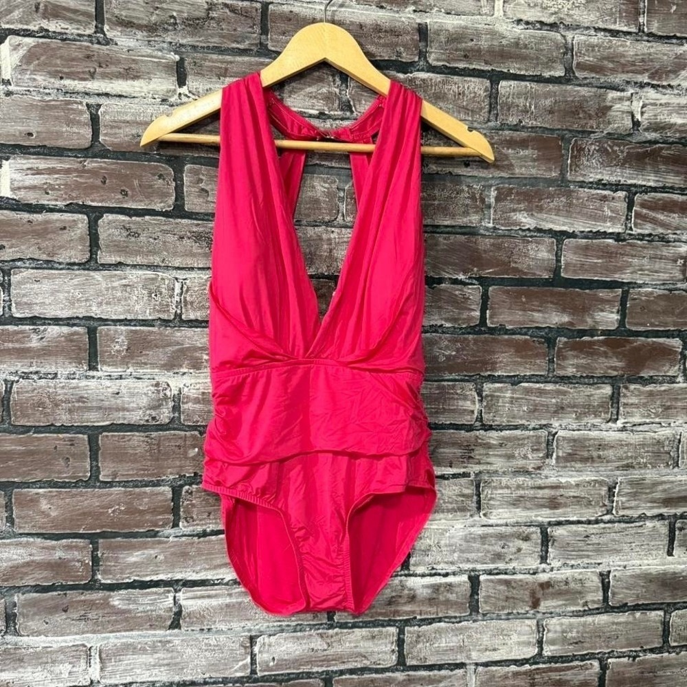 Pink One Piece Swimsuit Women 10 Plunge Open Back Ruched Monokini